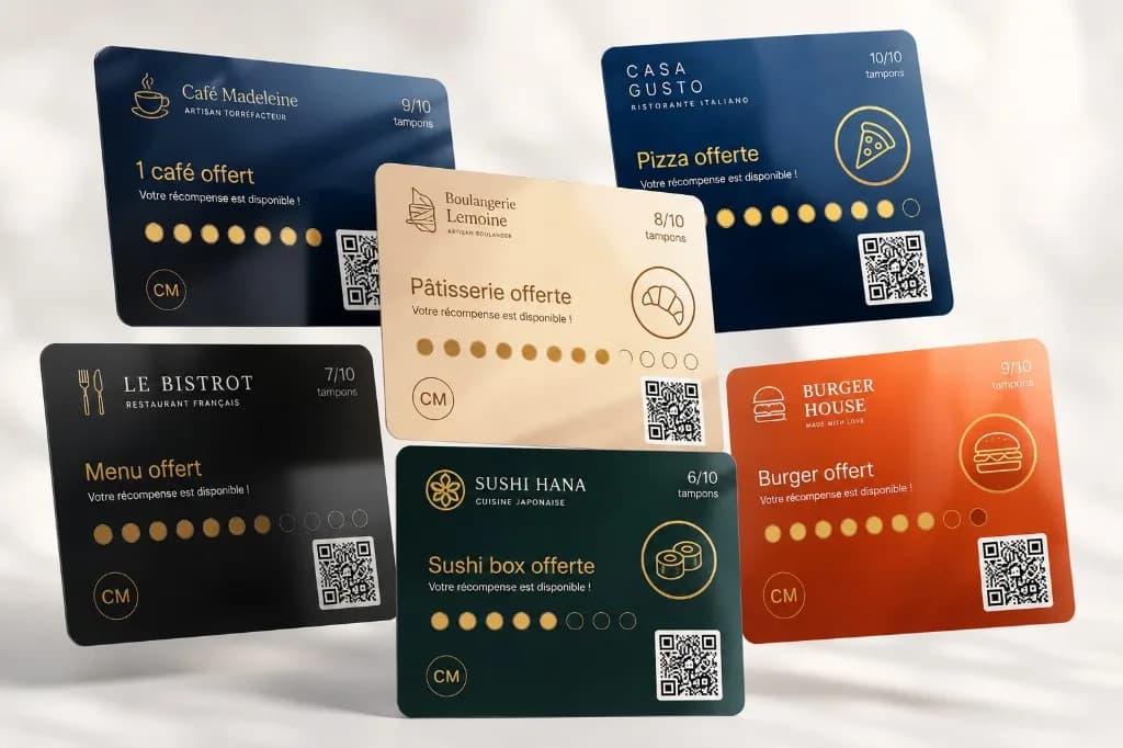 Plusieurs cartes de fidélité Fidarox dans Apple Wallet et Google Wallet : café, restaurant, boulangerie, pizzeria, sushi, burger