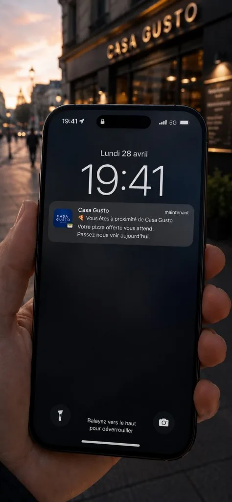 Notification de proximité Fidarox sur l’écran verrouillé d’un iPhone devant un commerce