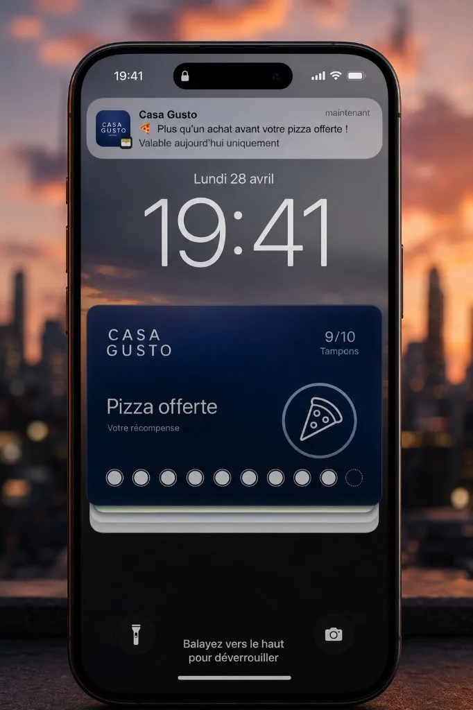 Carte Casa Gusto dans le Wallet affichant une pizza offerte débloquée sur l’écran verrouillé