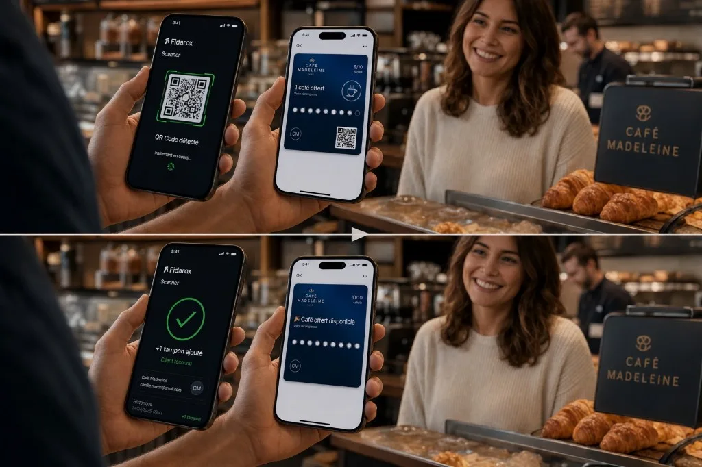 Commerçant scannant la carte Wallet d’une cliente avec le scanner Fidarox